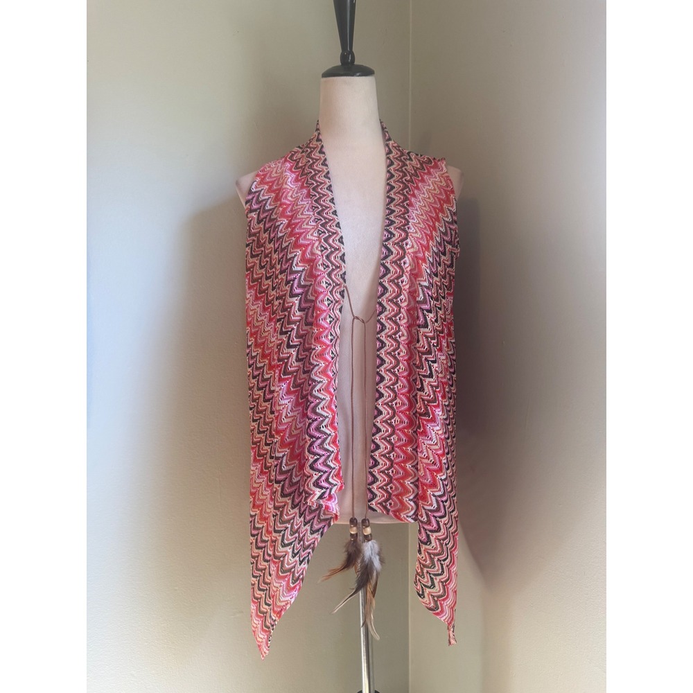 Boston Proper Pink Chevron Crochet Vest Feather Bead Tie Small boho y2k western
